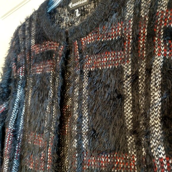 Creation Shaggy Oversized Cardigan Black Red Wool Blend Retro 80s Open Front M - Picture 3 of 5